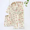 Venta al por mayor Envío directo Primavera Verano Algodón Puro Gasa Ropa de Casa para Mujer Solapa Manga Corta Pantalones Cortos Pantalones Largos Pijama Cómodo para el Hogar