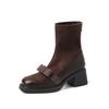 Botas Cortas Ajustadas de Gamuza con Costuras y Lazo para Niña Dulce con Falda Invierno 2025 Tacón Medio Grueso Punta Redonda Elásticas