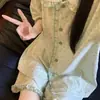 Pijama de Algodón Nube para Mujer, Estilo Coreano de Verano, Estampado Floral Pequeño, Cárdigan de Manga Corta, Shorts, Delgado, Holgado, Se Puede Usar Afuera como Ropa de Casa