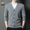 Cárdigan de Lana Pura con Cuello en V de Moda para Hombre, Suéter, Ropa de Punto, Chaqueta, Otoño e Invierno, Estilo Papá, Lana