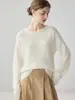 Suéter de caxemira casual para outono e inverno para mulheres, gola redonda, jacquard vazado, padrão tridimensional, manga longa, malha, solto e quente