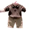 Roupa Infantil Coreana 2026 Primavera/Outono Nova Chegada Cor Café Gola Polo Texturizada Suéter de Tricô Calça Casual Khaki Infantil Tendência