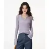 Camisa base feminina de malha com gola polo, estilo coreano, manga longa, corte justo, linda blusa roxa taro para o início do outono