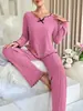Conjunto de Pijama de Color Sólido Otoño e Invierno Europeo y Americano Transfronterizo con Lazo Ropa de Casa para Mujer Pantalones de Manga Larga Ropa de Casa de Dos Piezas