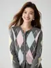 Cárdigan de Cachemira para Mujer 2026 Otoño Estilo Francés-Británico Bloque de Color Patrón de Diamantes Tejido Jacquard Abrigo Cárdigan Suéter