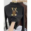 Camiseta Tendência Outono e Inverno em Veludo Alemão de Manga Longa com Bordas Franzidas para Bebês Meninas, Blusa Interna Fashion, Camiseta Básica Casual para Meninas