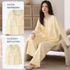 Pijama de algodón para mujer de primavera y otoño con sujetador incorporado, cuello redondo, mangas largas, color liso, estilo casual, con puños elásticos, adecuado para usar como ropa de estar en casa