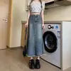Saia jeans vintage para mulheres, estilo fino de verão 2026, cintura alta, modeladora para figuras petites, barra desfiada, saia midi sereia