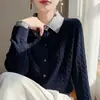 Cardigan de Punto con Cuello Polo de Lana Fina Nuevo Otoño/Invierno 2026 Manga Larga para Mujer Bloque de Color Trenzado Top Falso de Dos Piezas