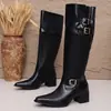 Botas Western Maillard Retrô 2026 Outono/Inverno Novas Bico Fino Salto Bloco Acima do Joelho High Fashion