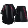 Conjunto Esportivo Casual Masculino, Conjunto de Duas Peças com Top de Manga Curta Listrado Solto e Calça, Preto e Azul Marinho