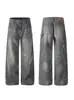 Jeans Reta Retro Americano com Tinta Salpicada e Bigode para Homens e Mulheres, Calça Casual Solta de Perna Larga Estilo Streetwear Lavada com Caimento