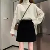 Nova Saia Lã Preta A-line Petite Outono e Inverno Feminina Cintura Alta Emagrecedora Versátil Elegante Curta A-line
