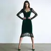 Vestido Ajustado Sexy de Encaje con Manga Larga, Escote en V Elegante con Ribete de Encaje, Ceñido a la Cintura, Nuevo de Primavera y Otoño 2026, Transfronterizo Europeo y Americano