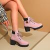 Botas Estilo Britânico Tamanho Grande Salto Grosso Outono e Inverno 2025 Novo Solado Grosso Moda Bico Redondo Cadarço Frontal Botas Curtas Femininas