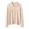 Cardigan de Punto Retro con Cuello Polo de Siete Puntos Tejido a Mano 35% Cachemir 75% Lana Color Sólido con Botones