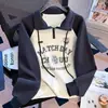 Blusa de Meio Zíper Soltinha Emagrecedora Doce para Primavera e Outono Novo Estilo 2025 Sudadera de Manga Longa com Gola Alta Estilo College para Meninas e Mulheres