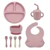 Conjunto de Louça de Silicone, Tigela de Comida Infantil, Utensílios de Prato de Comida de Grau Alimentício, Garfo, Colher, Copo de Água, Babador em Estoque
