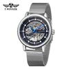 Reloj T-winner para hombre, de estilo europeo y americano, con mecanismo hueco, manual, fondo transparente, correa de malla milanesa, 8258