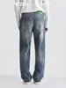 Também, jeans vintage de algodão puro com lavagem desgastada, calça longa casual reta de perna larga azul nostálgico para homens no outono