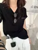 Camiseta de manga corta, cuello redondo, hombro normal, color azul dopamina para mujer, sensación de alta gama para verano, corte holgado, top que estiliza de media manga