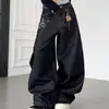 Jeans feminino estilo americano sem bolsos, bainha curva bordada, coleção primavera 2026, novo, cintura alta, solto, reto, perna larga