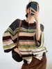 Cárdigan de Punto de Mohair Rayado de Color Contrastante para Mujer en Otoño e Invierno Nuevo Estilo Estilo Perezoso Holgado Casual Suéter de Talla Grande