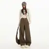Jeans Laranja Infantil # Retro Americano Marrom Café Forrado com Fleece, Perna Larga para Mulheres, Cintura Alta, Solto, Justo, Tendência e Versátil, Calça Reta
