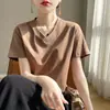 Camiseta de Manga Corta 100% Algodón para Mujer 2026 Verano Nuevo Estilo Color Sólido Cuello en V Top Holgado Estilizado que Cubre la Barriga Talla Grande