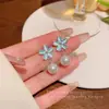Aretes de Flor de Ojo de Gato Azul y Perla para Mujer, Aretes de Lujo Ligero de Nicho de Alta Gama, Aretes Elegantes y Frescos para el Trabajo