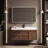 Gabinete de baño estilo mid-century de madera de nogal con lavabo cerámico integrado, lavabo combinado para tocador estilo chino