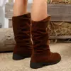 Estilo europeo y americano, talla grande, gamuza, botas retro de media pantorrilla para mujer, transfronterizas de tacón bajo, talla grande, hasta la rodilla, color liso, con tacón grueso, botas de montar