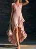 E-commerce Transfronteiriço Europeu e Americano Amazon Novo Estilo Fashionável Romântico Sem Mangas Decote V Bainha Franzida Algodão Linho Vestido Longo