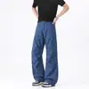 Macacão de Trabalho Azul Francês Plissado Lenhador Masculino Estilo Americano High Street Patchwork Calças Casuais Design Solto Calças de Perna Larga