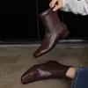 Botas finas elásticas com zíper traseiro, bico quadrado, em couro legítimo para mulheres, botas de tornozelo vintage emagrecedoras com salto baixo grosso, tamanhos 34-42