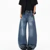Calça jeans masculina moderna com padrão de nó de bambu lavado, verão, retrô, malandro, bonito, perna larga, comprimento longo, high street, solta, corte curvo, calça casual