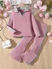 Conjunto de Dos Piezas para Niñas de Comercio Exterior: Conjunto Casual Infantil: Top de Manga Larga con Cuello Polo de Rayas Morado-Rosa y Gris y Pantalones Acampanados