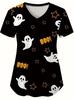 Ropa de Cuidado Médico de Manga Corta con Cuello en V para Mujer, Versátil, Estampado 3D de Dibujos Animados de Estrella Fantasma de Halloween
