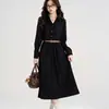 Vestido Negro de Manga Larga con Botones y Cuello de Camisa Estilo Universitario Otoñal para Mujer, Falda Larga de Corte A con Cintura Entallada, Transfronterizo