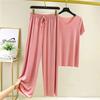 Pijama de Seda de Hielo para Mujer Verano Traje de Dos Piezas Cuello en V Camiseta de Manga Corta Ropa para el Hogar Delgada Pantalones Anchos de Pierna Ancha Envío Directo