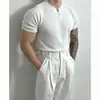 Camiseta de Tricô Manga Curta Masculina, Seda de Gelo, Verão, Decote V, Gola Henley, Textura Xadrez, Estilo Old Money, Roupa Íntima, Atacado de Fábrica Transfronteiriço