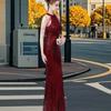 2025 Nuevo Estilo Otoño Sexy Elegante Brillante Diamante Bordado Cuello Halter Lujo Accesible Gama Alta Falda Sirena Vestido de Cena de Noche