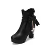 2023 novo doce laço folha de lótus renda botas de couro femininas britânicas zíper lateral botas de cavaleiro botas curtas salto alto sapatos femininos