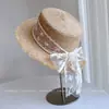 Sombrero de Paja Raffia con Encaje y Lazo de Perlas Elegante Francés para Mujer, Sombrilla Versátil para Viaje y Protección Solar Sombrero de Playa