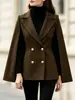Casaco de Lã Europeu de Botão Duplo Acinturado Feminino Outono Inverno Nova Moda Elegante Curto Capa Terno Top