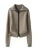 Abrigo de Lana Patchwork Bloque de Color Doble Cremallera Solapa para Mujer Holgado Versátil Viaje Ceñidor de Cintura Cardigan 100% Lana Pura Grueso