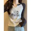 Camiseta de mujer de algodón puro, hombro normal, cuello en V pequeño, manga larga con diseño único, corte ajustado, mangas raglán, camiseta básica de otoño