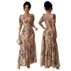 2026 Nuevo Conjunto de Moda Elegante para Mujer de Comercio Exterior Transfronterizo con Estampado, Cuello Cuadrado, Manga Corta y Falda con Abertura