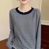 Novo suéter de malha feminino para outono e inverno com listras contrastantes, top estilo coreano, pulôver falso de duas peças com gola redonda, solto e versátil