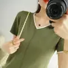 Cuello Redondo con Borde Enrollado Bloque de Color Manga Corta Suéter Corto de Punto para Mujer Casual Ajustado Elegante Camisa Básica Hilo de Algodón 2026